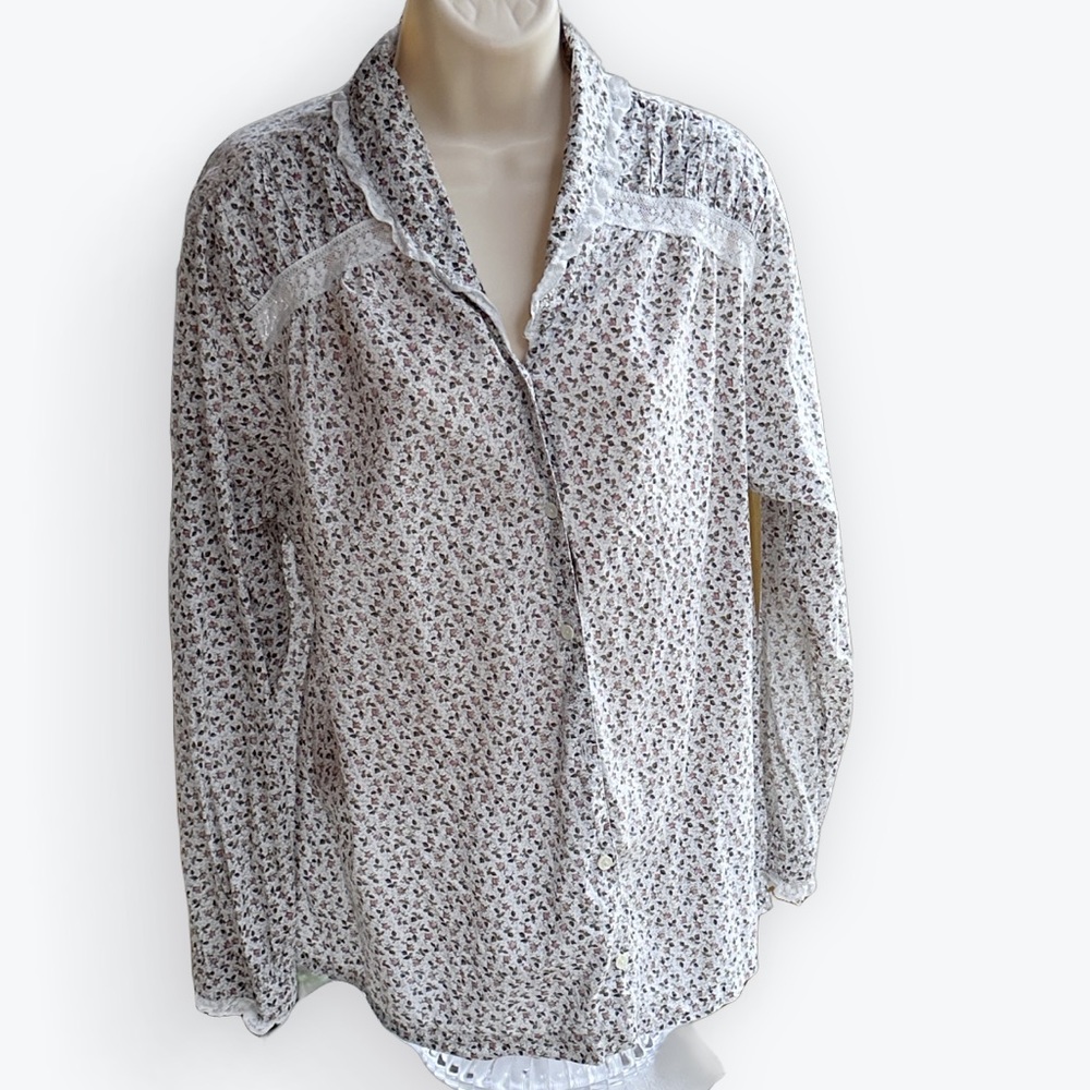 Romantic Prairie Cottage Feminine Laura Ashley Lace Trim Ditsy Floral Blouse ~ M